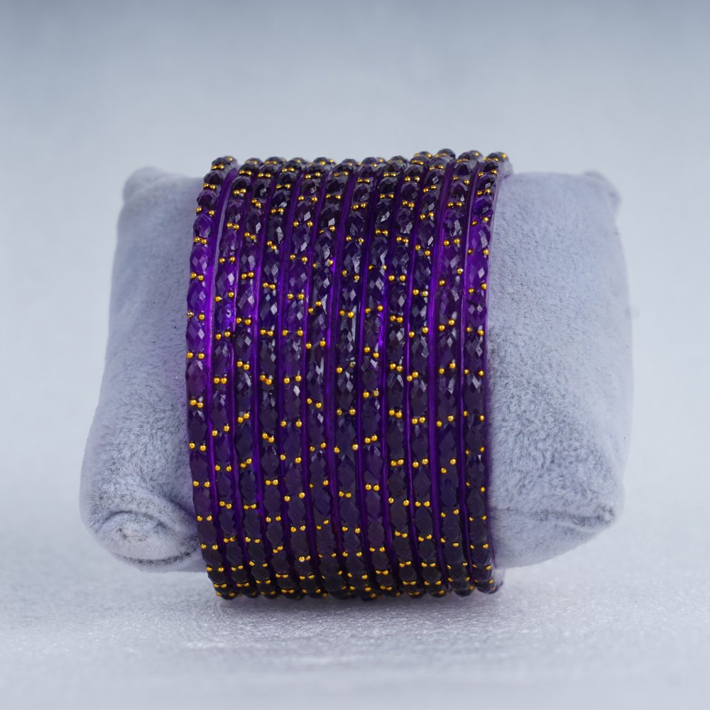 Purple Crystal Designer Bangles Set with Golden Beads – Elegant Party Wear Bracelet Set for Women - Image 2